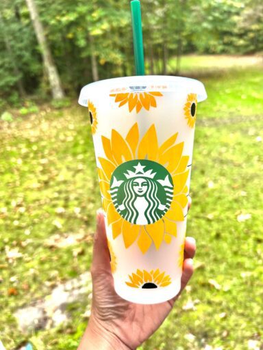 Starbucks Cold Cup with sunflower pattern