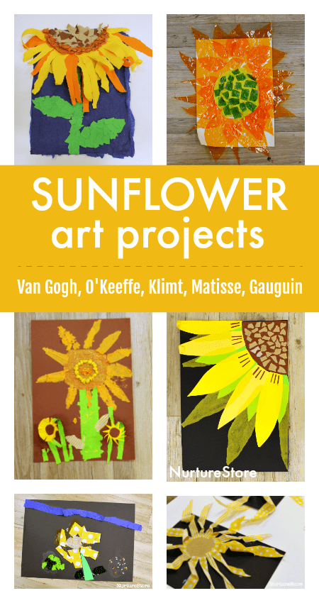 Altı ayçiçeği resmi, sonbahar sanat projelerinin örnekleridir.  Kağıt mendil ve diğer malzemelerden yapılmış kolajlar olarak birleştirilirler.  Metin okumaları "Ayçiçeği sanat projeleri." 