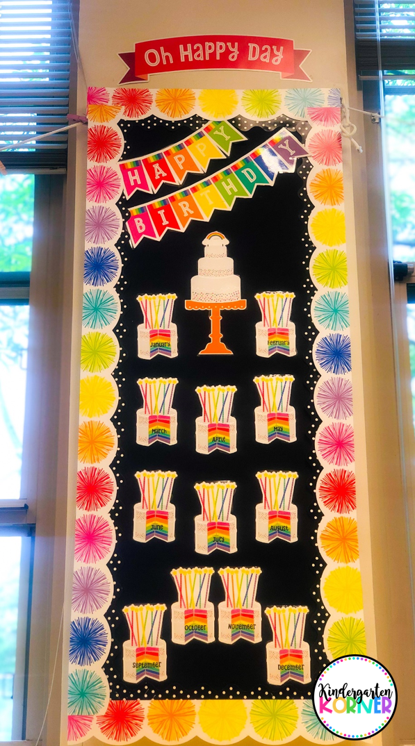 Classroom banner of rainbow colored cakes