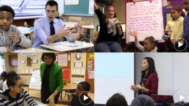 Four images of videos with teachers teaching.