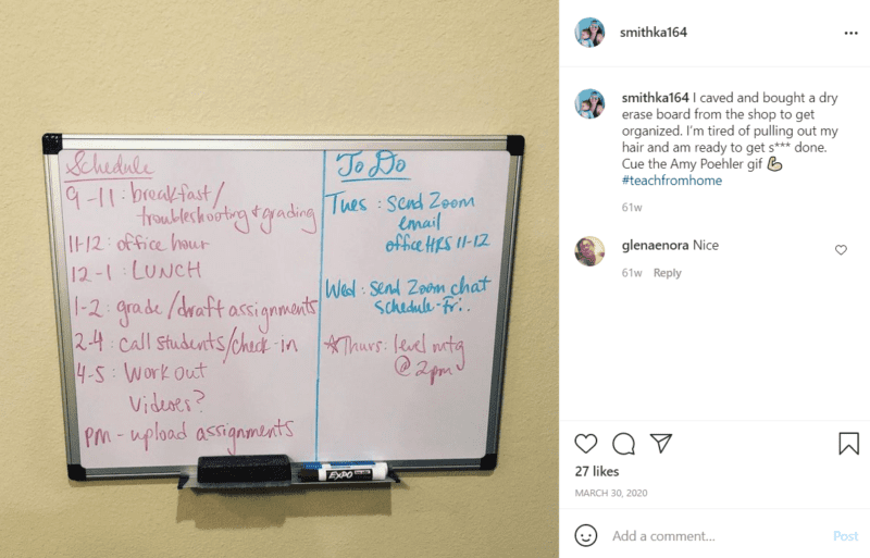 Whiteboard on a wall with a schedule and to do list