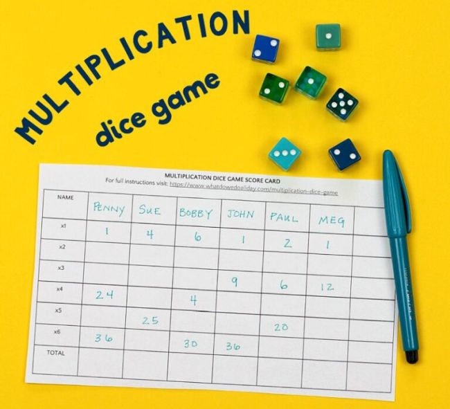 Multiplication Dice Game with dice and free printable (Teach Multiplication)