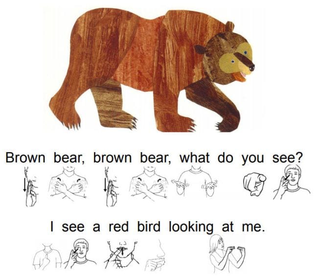 Page from the book Brown Bear, Brown Bear with the sign language under the text