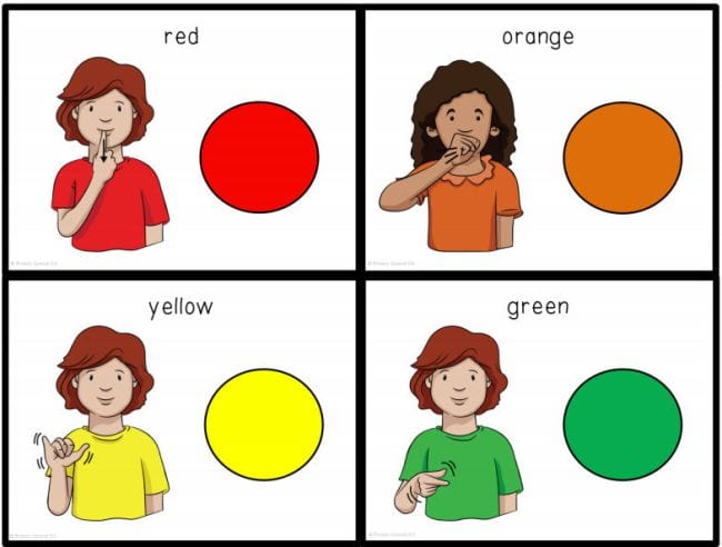 Four flashcards with red, orange, yellow, and green circles, and cartoon child showing the sign for each (Teach Sign Language)