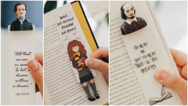 3-D bookmarks of Poe, Hermione Granger, and Shakespeare