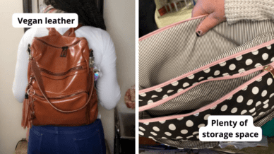 老师袋的例子，包括一位穿着纯素皮背包的老师和一个老师的特写镜头，展示了一个带有大量存储空间的圆点背包。
