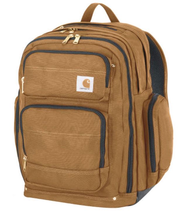 Light brown backpack with external pockets