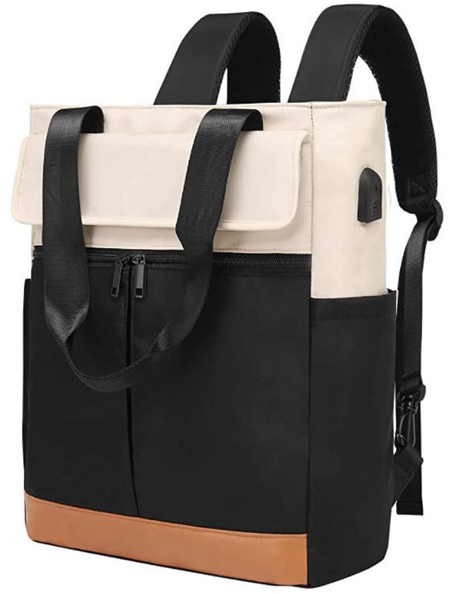Convertible tote backpack in black, white, and brown