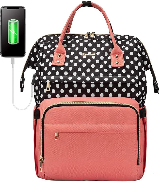Pink and black-and-white polka dotted laptop backpack (Best Teacher Backpacks)