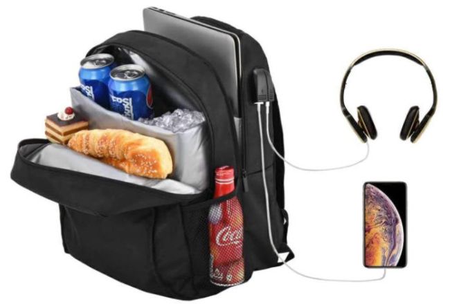 Backpack with cooler pocket and ports for headphones and charger