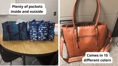 Examples of best teacher bags including two colorful bags with plenty of pockets and one brown leather laptop bag that comes in 15 colors.