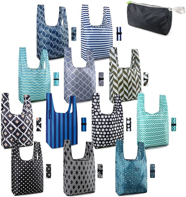 Foldable nylon shopping bags in a variety of colors and patterns