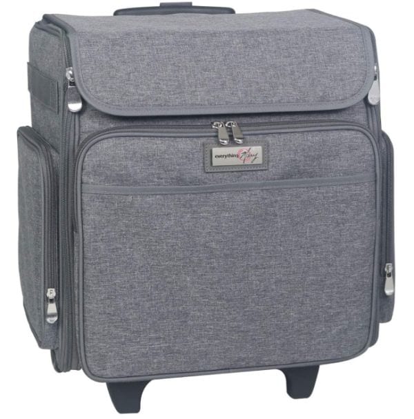 Gray rolling case with external zipper pockets and extendable handle
