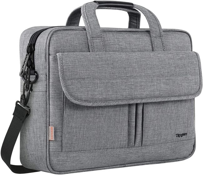Gray fabric briefcase with a front flap pocket and top handles (Best Teacher Bags)