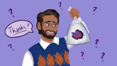 Teacher with a beta fish in a bag saying thanks? on a purple background