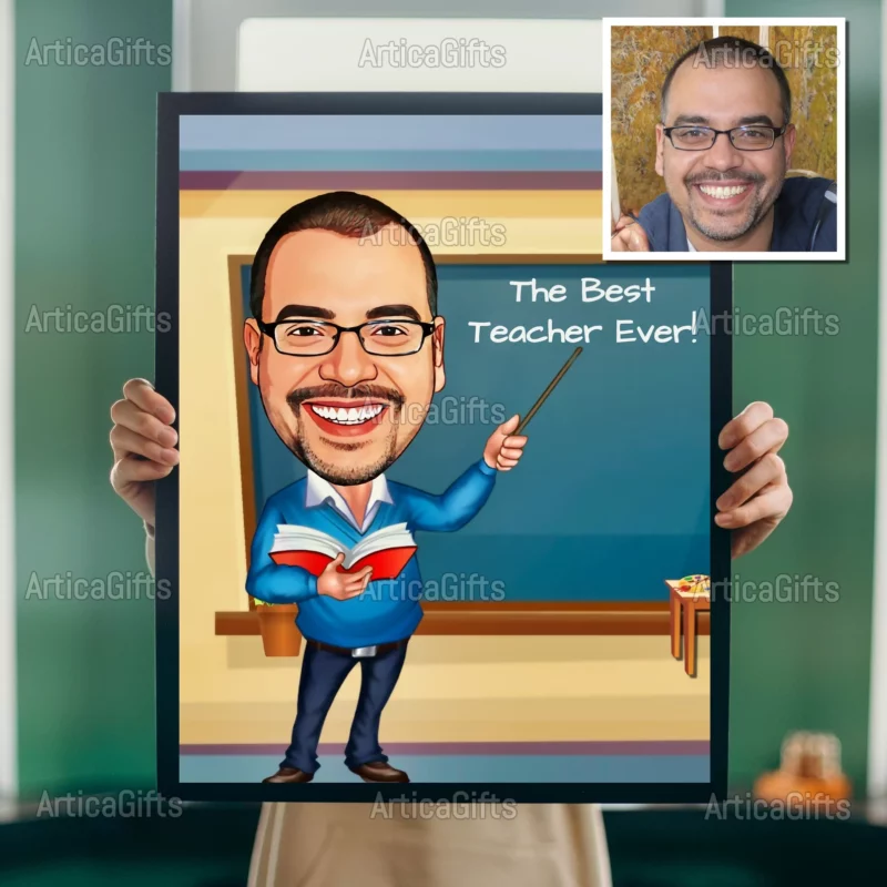 Hands holding a caricature of a male teacher in front of a chalkboard.