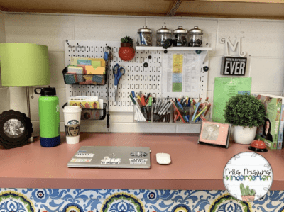 Teacher desk pegboard organization