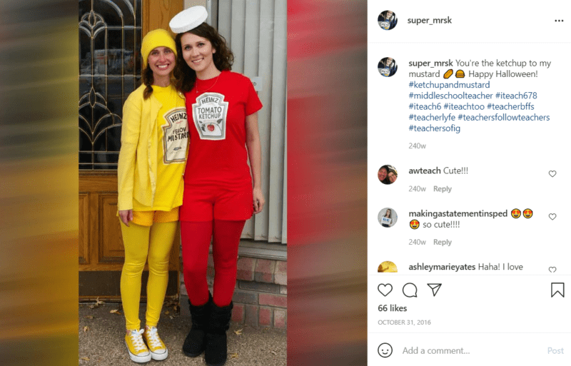 Two teachers dressed as Heinz Ketchup and Heinz Mustard for Halloween