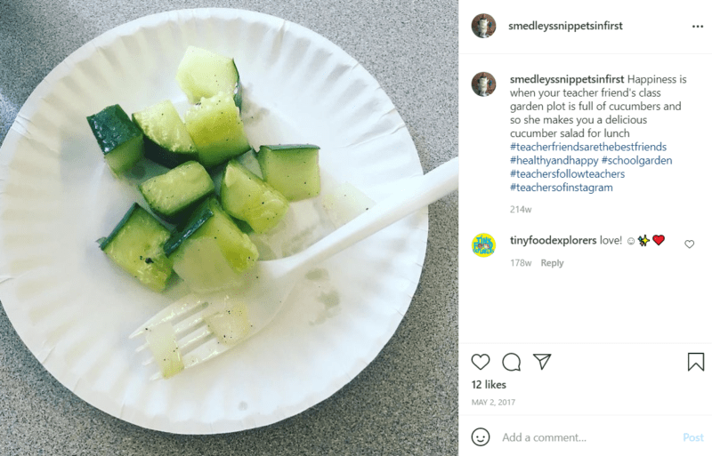 Paper plate with cucumber salad and a plastic fork