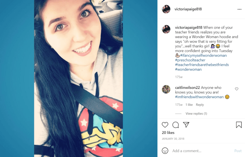 Teacher wearing a Wonder Woman hoodie while sitting in her car