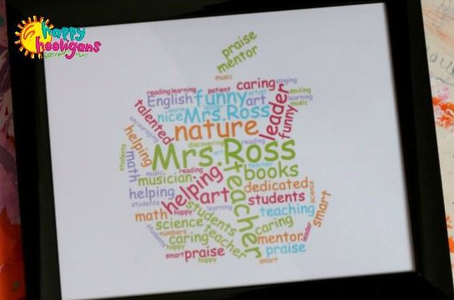 Word cloud in the shape of an apple for a teacher