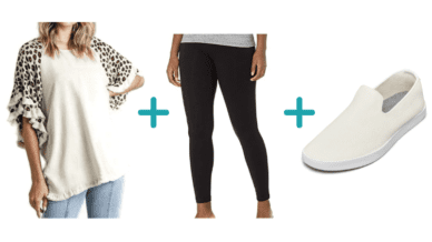 teacher outfits with tunic, leggings, and sneakers