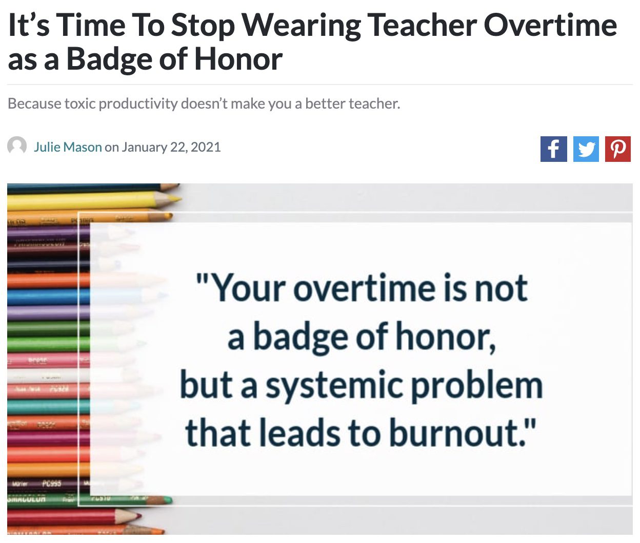 Screencap of an article about wearing overtime as a badge of honor