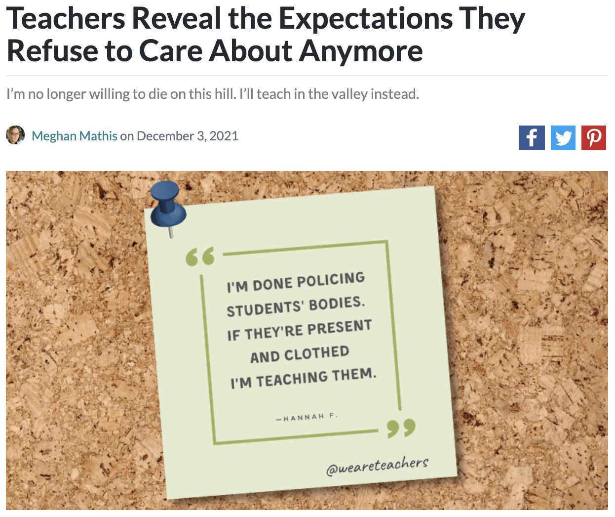 Screencap of an article about expectations teachers refuse to care about