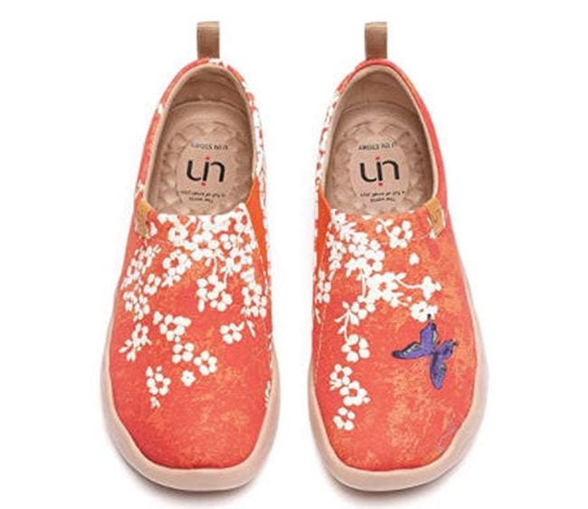 UIN Painted Canvas Flats in orange with white flowers and blue butterfly