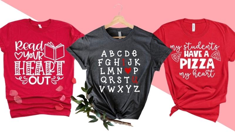 Collage of shirts for teachers with Valentine's Day phrases