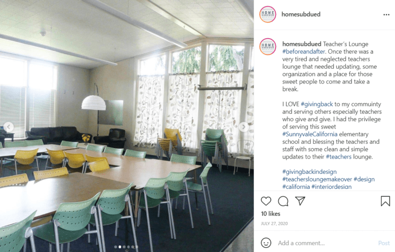 Teacher lounge with lots of seating around a U shaped table with bright sunlight coming through the windows