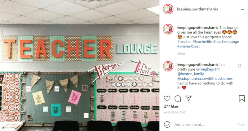 Wall in a teachers lounge with several brightly colored bulletin boards