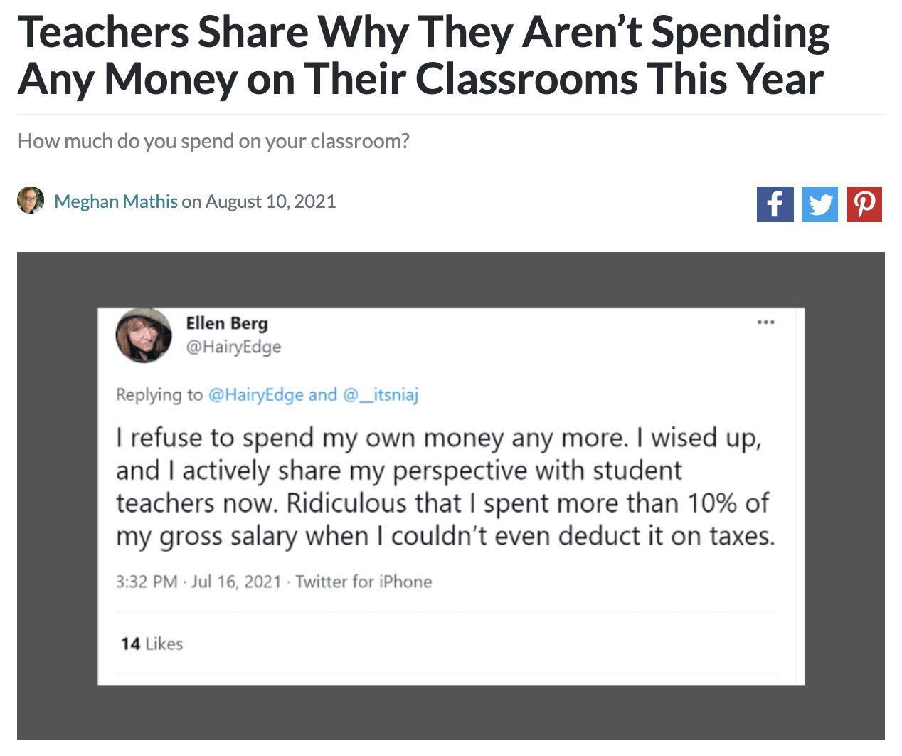 Screencap of an article about spending money on the classroom