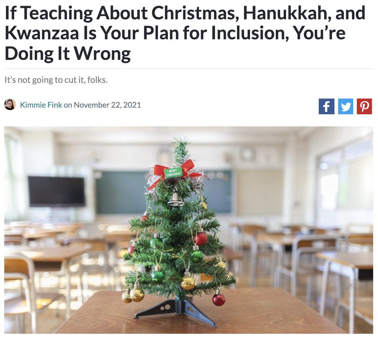 Screencap of an article about teaching holiday inclusion