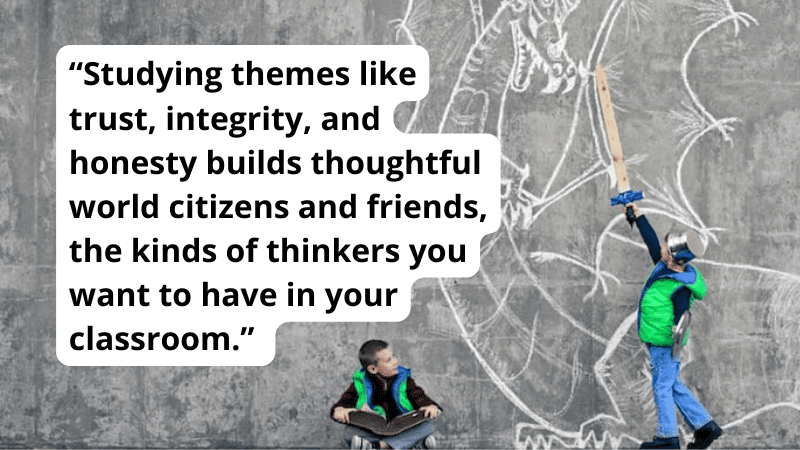 Boy reading book and imagining fighting a dragon with a quote about teaching theme in language arts.