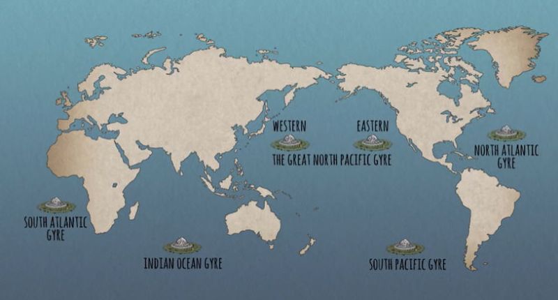 Screen shot from TED Talk video showing trash gyres in the world's oceans