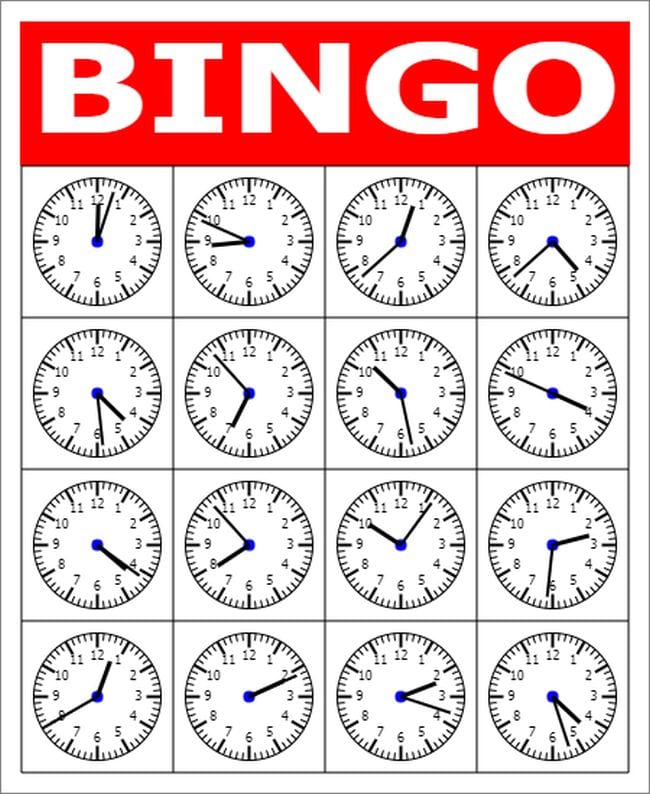 Bingo card with analog clocks set at different times in the squares (Telling Time)