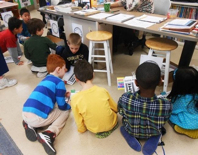 Students using clipboards to write the times showing on paper analog clocks around a classroom