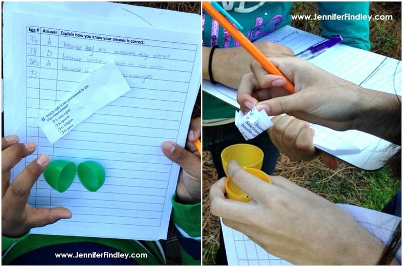 Students using plastic eggs to review for a test