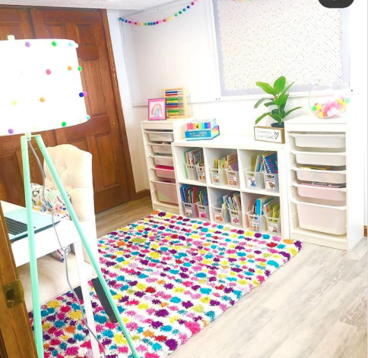 Textures and pompom rug for classroom