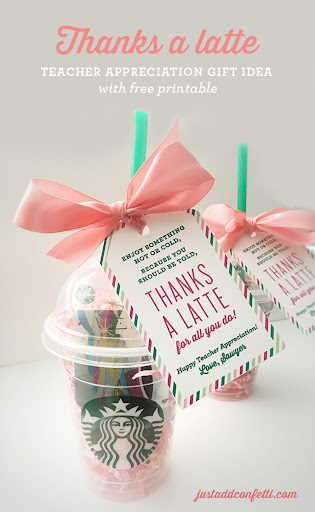 Teacher appreciation gift that is coffee themed with words "Thanks a latte"