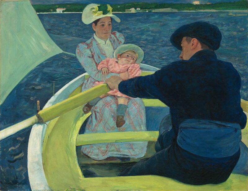 A woman is shown in a boat facing the viewer holding a baby.  A man is seen from behind also in the boat, paddling (famous paintings)