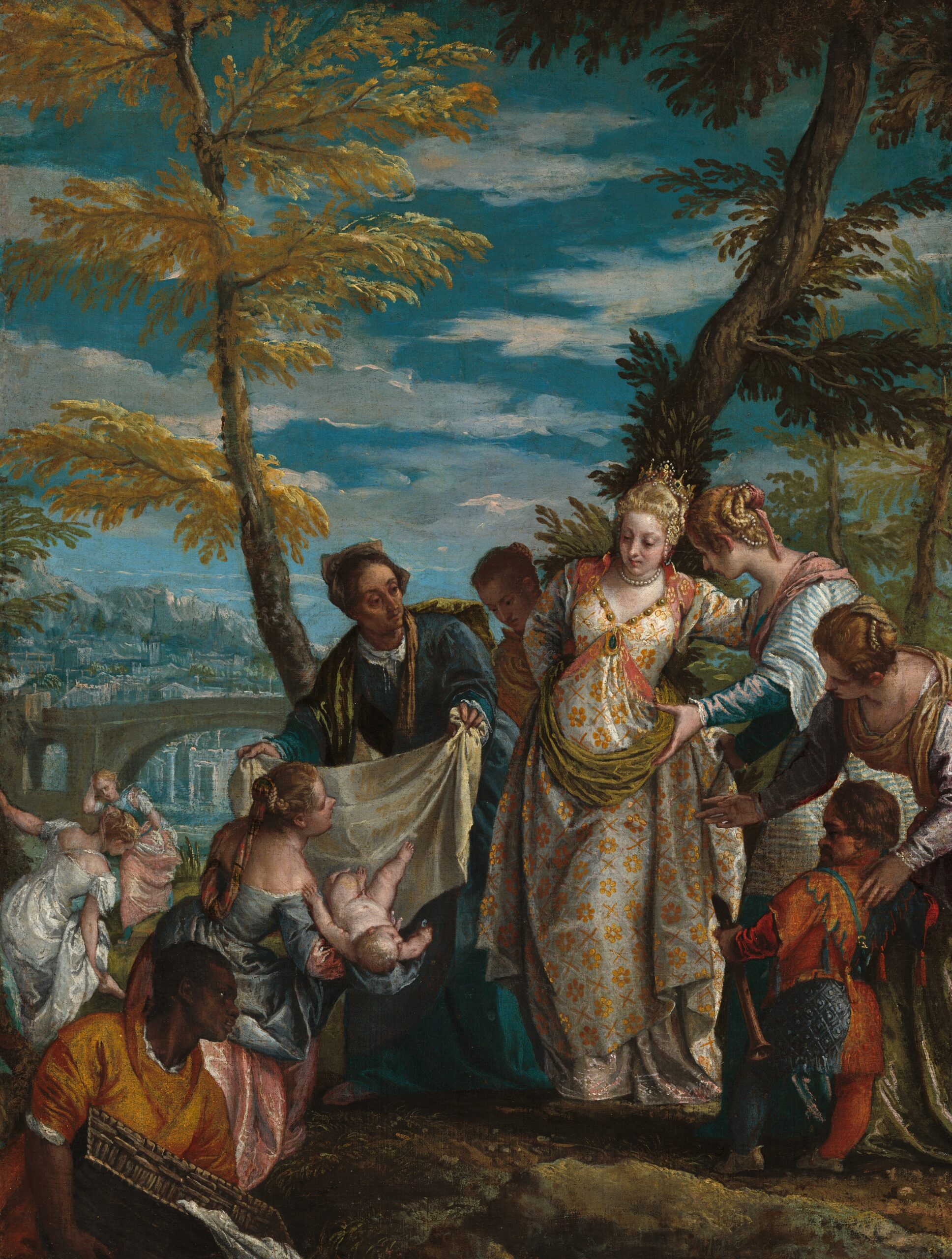 Figures crowd around one woman with some standing and some kneeling around her.  A kneeling woman presents a newborn baby.  (famous paintings)