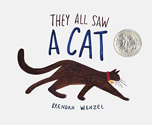 Book cover of They All Saw the Cat by Brendan Wenzel with an illustration of a black cat walking, as an example of cat books for kids
