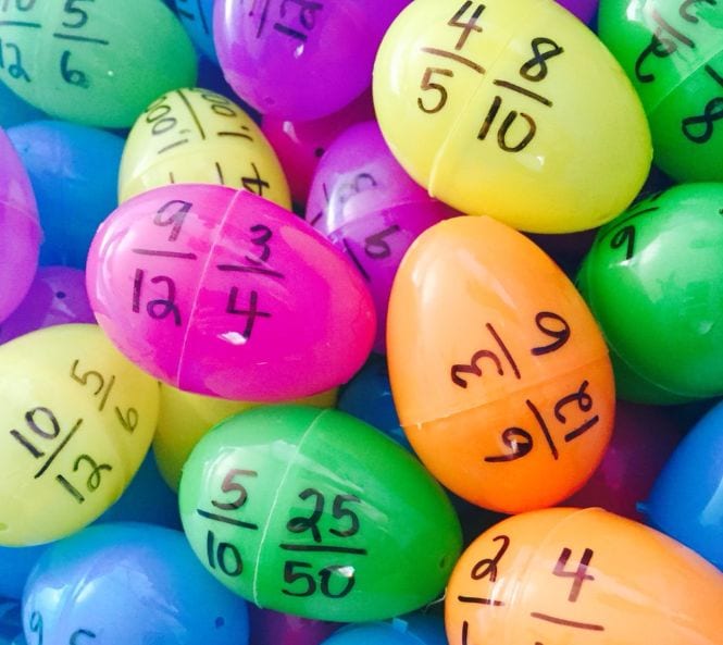 Plastic eggs with equivalent fractions written on each half (Third Grade Math Games)