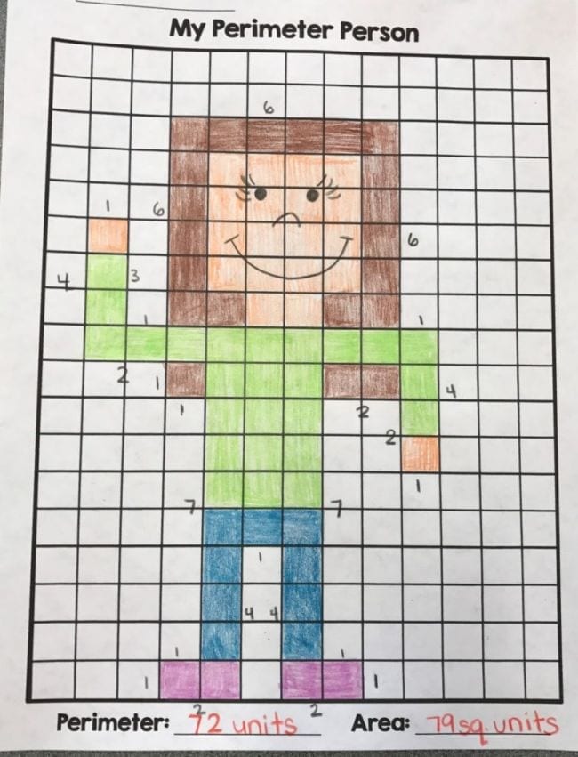 Person drawn on graph paper with the perimeter calculated