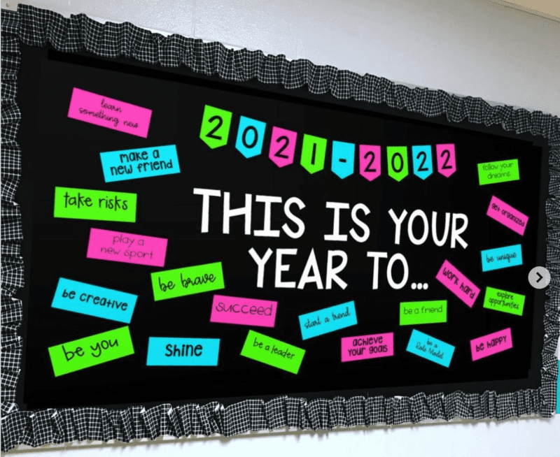 Bulletin board reading "This is your year to ..." with cards like "be creative," "be you," "shine," "take risks," etc.