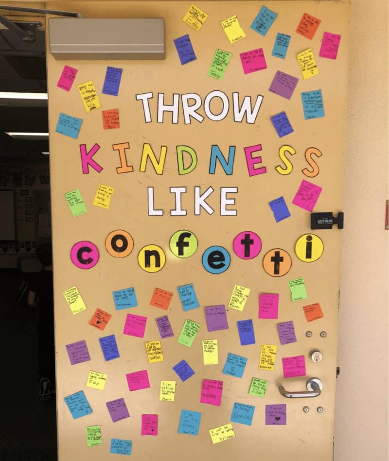 Throw kindness like confetti door decoration with ways to be kind - kindness activities for kids