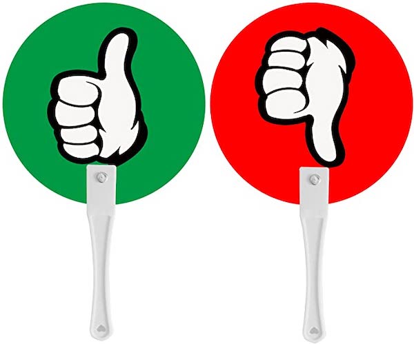 Green thumbs up paddle and red thumbs down paddle