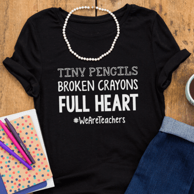Tiny pencils, broken crayons, full heart t-shirt
